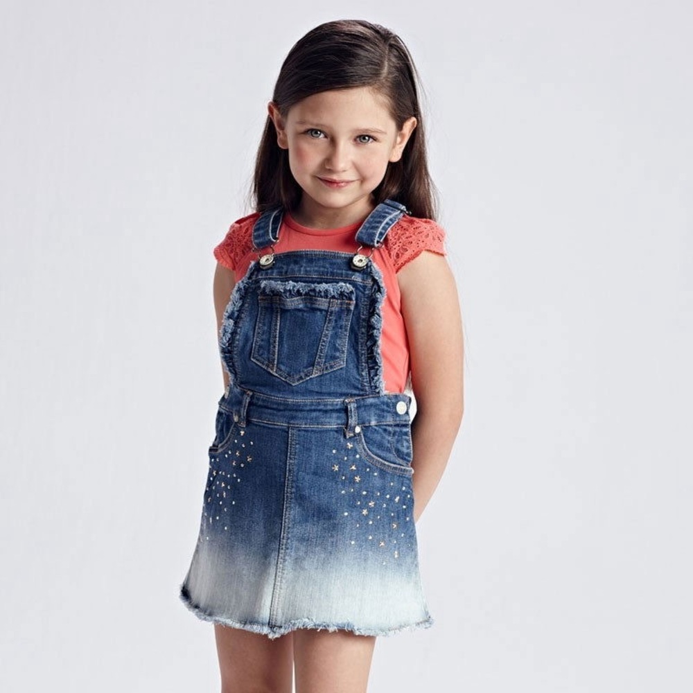 Size 2 Toddler Girls Mayoral Denim Overall Skirt with Studded Details